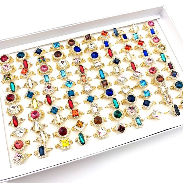 

100pcs rings for women gold color rhinestone multicolor glass stone fashion jewelry accessories party gift with a display box wholesale lot, Golden;silver