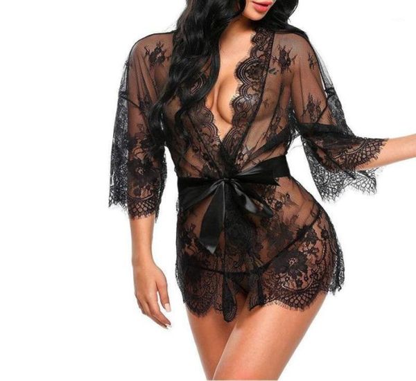 

vneck nightwear robes with gstring sleepwear 2020 new women babydoll erotic sleepwear women lace sheer lingerie sexy18966602, Black;red