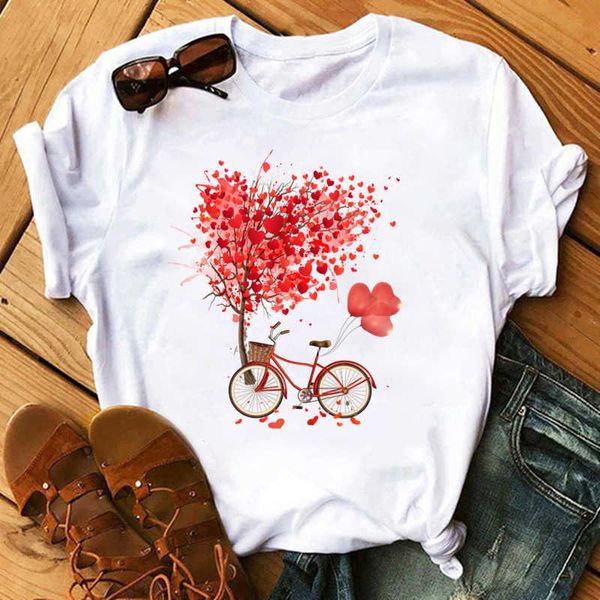 

women's summer 2021 new love floral print round neck short sleeve casual t-shirt large size tong, White