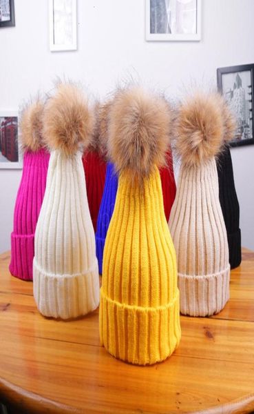 

winter women knitted hat warm pom pom big fur ball wool hat ladies skull beanie solid crocet female outdoor caps 30pcs5781384, Yellow