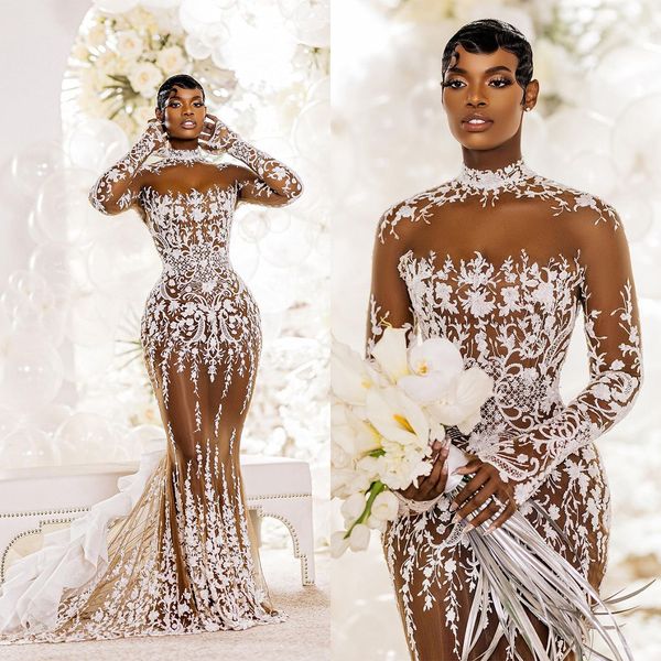 

modern mermaid wedding dress high neck see through lace appliques bridal gowns sweep train custom made long sleeve bride dress, White