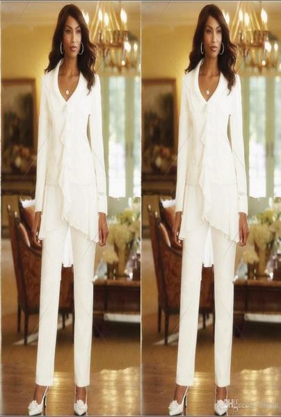 

2020 sheath elegant three pieces mothers pant suits custom made ruffles chiffon mother of the bride gowns long sleeves9671156, Black;red