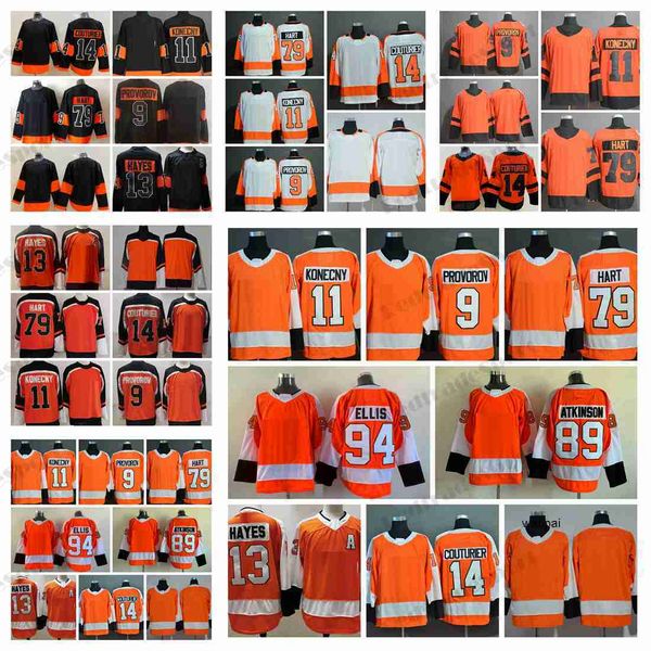 

2021 reverse retro hockey jerseys 11 travis konecny 9 ivan provorov 13 kevin hayes 14 sean couturier 79 carter hart 89 cam atkinson 94 ryan, Black;red