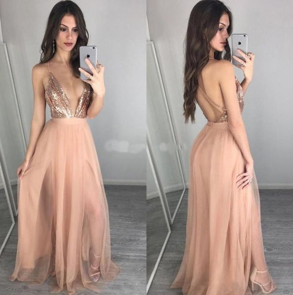 

rose gold sequin split prom dresses 2022 deep v neck backless bridesmaid party gowns long pageant gowns custom3642350, Black