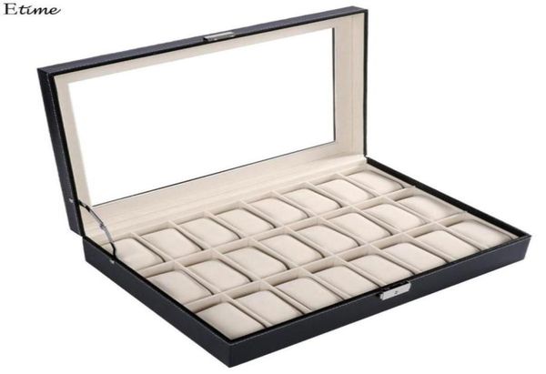 

fanala 24 grid watch box pu leather watches display case box organizer jewelry storage wrist watches lock key large boite montre228209873, Black;blue