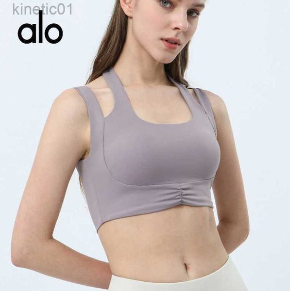 

desginer alo yoga bra sports bra for women with shoulder strap neck strap chest pad small tank shockproof running fitness bra, White