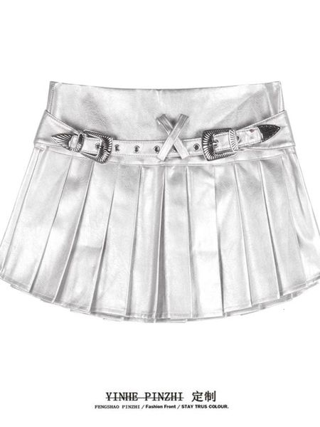 

skirts houzhou korean style y2k pleated mini women summer silver glossy high waist streetwear harajuku a line skirt fairy grunge 230720, Black