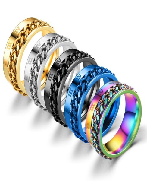 

letdiffery cool stainless steel rotatable men ring roman numbers finger rings spinner chain punk women jewelry for party gift1419383, Silver