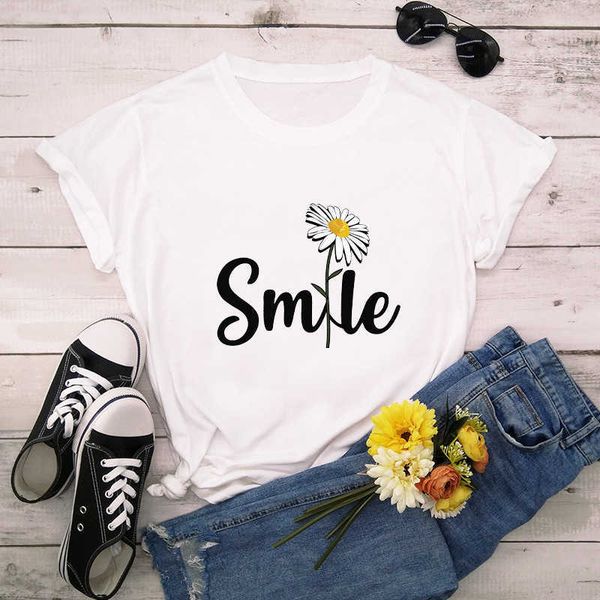 

women shirt smile daisy print tshirt women_ yythkg, White