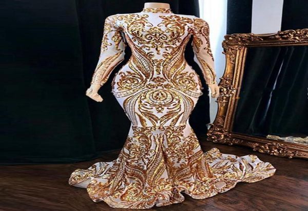 

2020 vestidos de fiesta prom dresses long sleeve high neck gold sequined white satin lace african women party dress6438618, Black