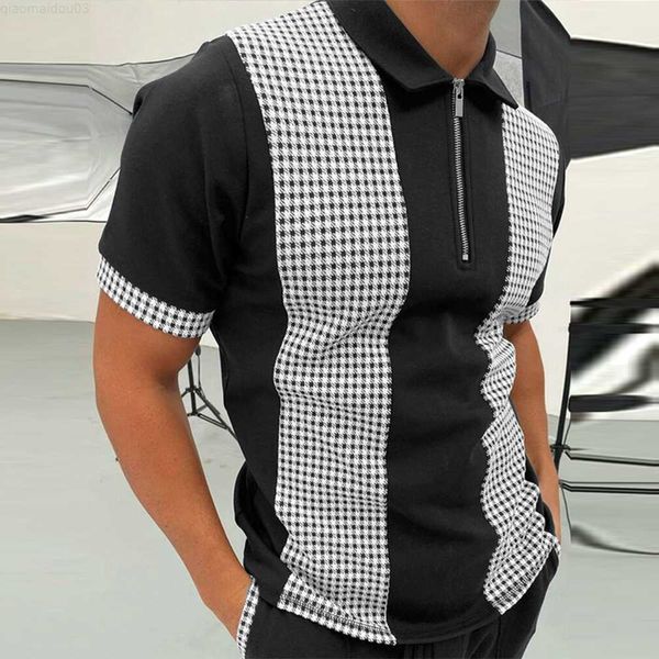 

men's t-shirts men zipper turn-down collar checked short sleeve t-shirt summer casual business slim blouse s-3xl for 2023 l230720, White;black