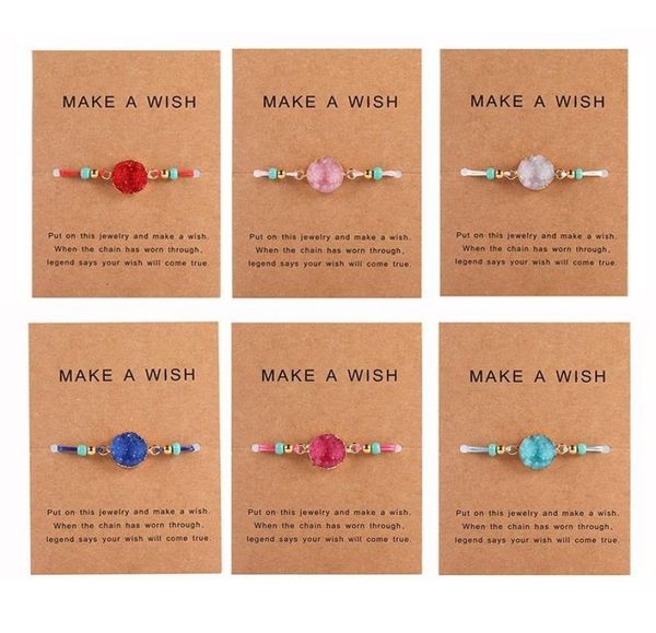 

design handmade druzy resin stone bracelet make a wish card wax rope braided bracelets bangles with rice bead for women girls summ9626857, Golden;silver