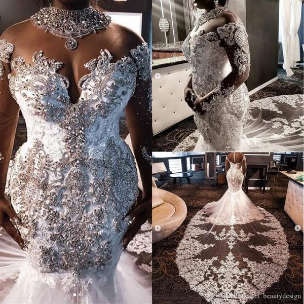 

luxury high neck south african lace mermaid wedding dresses crystals beading sheer long sleeves bridal gowns plus size vestiods278l, White