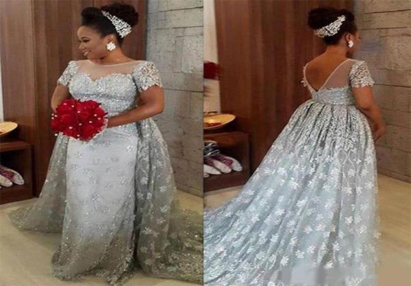 

plus size silver bridal dresses with short sleeves lace backless detachable train arabic formal wedding gowns2511578, White
