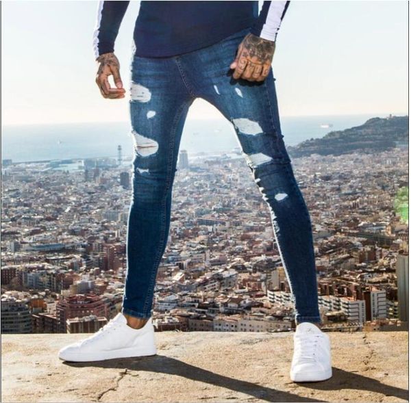 

ebaihui stretch ripped pants mens solid color jean new fashion slim pencil pants casual hole ripped design streetwear jeans 11362176, Blue