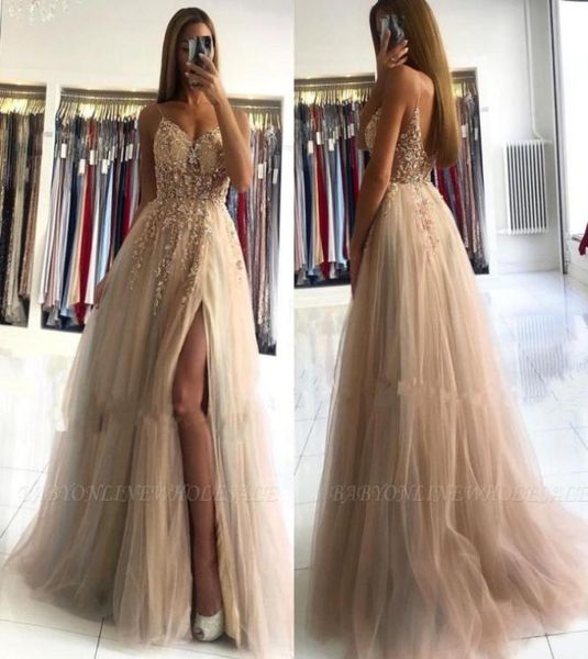 

2022 split side champagne crystals prom dresses a line spaghetti straps backless evening gowns bc09759578796, Black