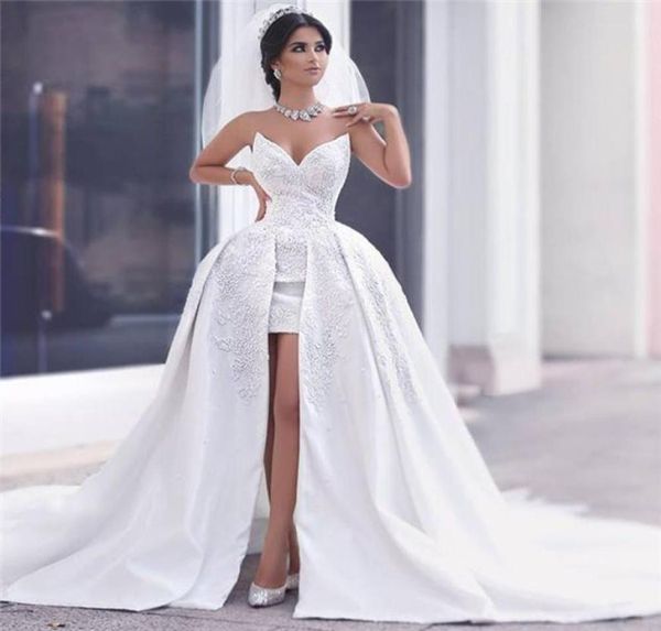 

a line satin lace said wedding dresses with detachable train puffy bridal gowns saudi arabic dubai short wedding gowns8429368, White