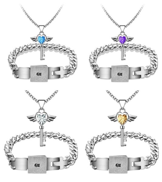 

titanium steel concentric lock bracelet love key shiny rhinestone pendant necklace wediing couples jewelry set engagement gifts fo6913884, Silver