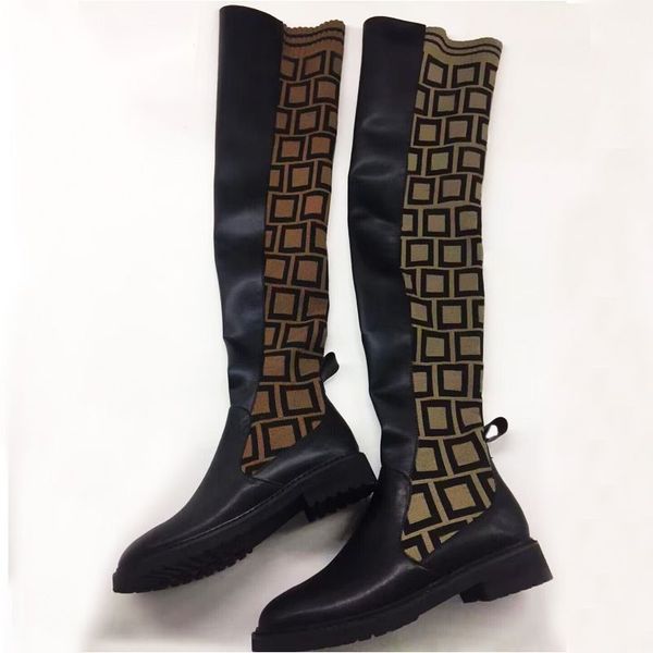 

autumn winter womens socks boots soft cowhide knitted elastic platform long boots designer high boot leather lady letter shoe flat women sho, Black