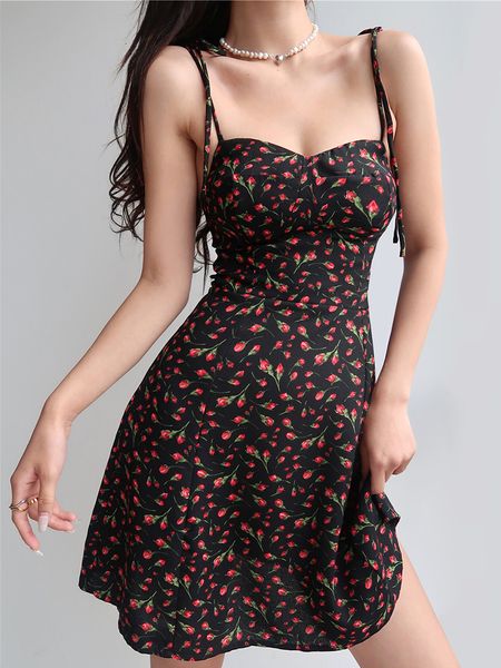 

basic casual dresses summer floral retro mini dress sleeveless backless spaghetti straps beach sundress vintage bohemian black red dress wom, Black;gray