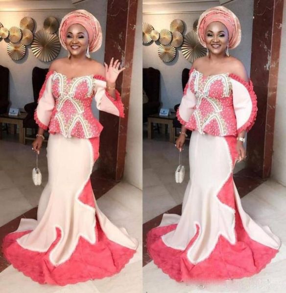 

aso ebi plus size mermaid evening gowns off the shoulder peplum long sleeves prom dress saudi african formal party dress women wea4135382, Black;red