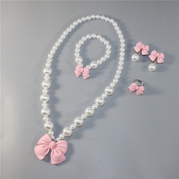 

lovely bowknot beaded necklace bracelet ring ear clip set jewelry, Silver