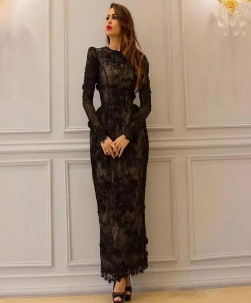 

black lace ankle length dresses formal evening gowns jewel neck applique long sleeves prom dresses glamorous see through sheath ev1251809