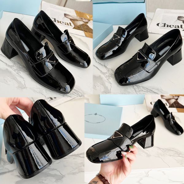 

popular womens designer loafers upper with triangle logo spring summer new glow patent leather loafers formal casual square head loafers nud, Black