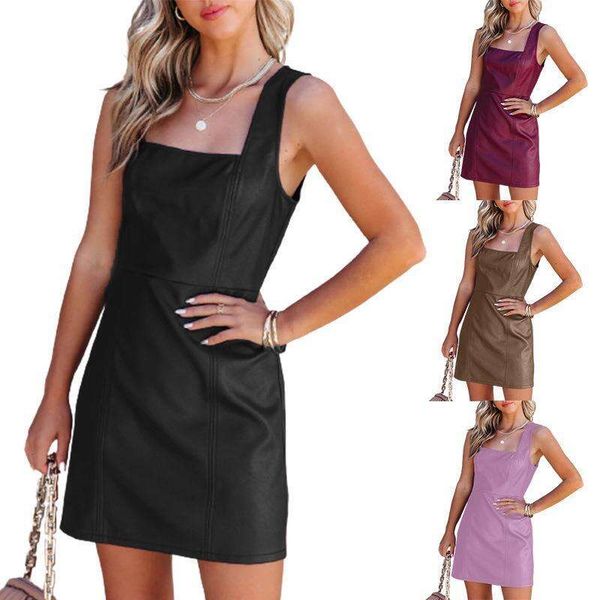

summer pure color casual fashion square collar pu leather dress womens clothing, Black;gray