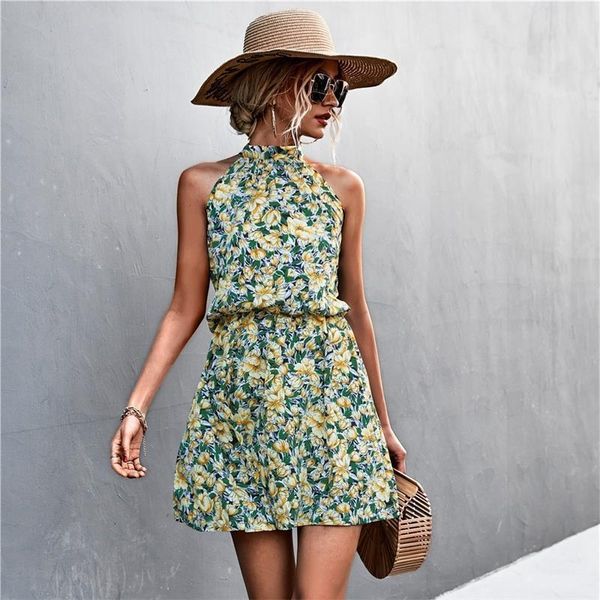 

basic casual dresses summer bohemian print mini dress women's sleeveless suspended beach sun dress holiday party fashion elegant short, Black;gray