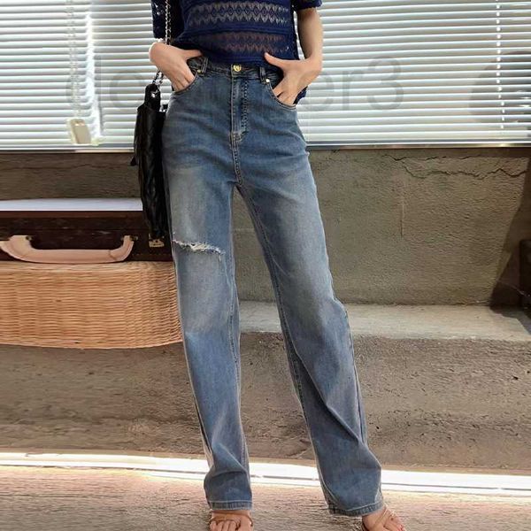 

women's jeans designer pocket pressed contrast color torn design straight leg wide jeans for women's fashion 6eow, Blue