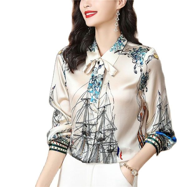 

luxury designer blouses silk women shirt 2023 fashion runway lapel bow flowers tie up button shirts spring office lady long sleeve blouse pr, White