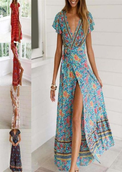 

dresses 2021 vneck flower printer summer boho dress women clothing vintage casual beach vacation long dress vestido320r7853509, Black;gray