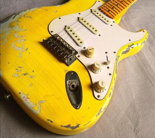 

custom 100 handwork yellow strat heavy relic st electric guitar vintage chrome hardware yellow aged neck nitrolacquer paint4205524