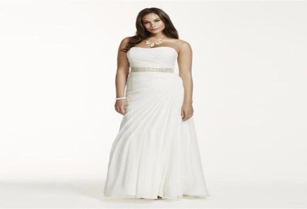 

crinkle chiffon draped plus size wedding dress strapless ruched bodice simple elegant bridal gowns beading sash 9v35407723903, White