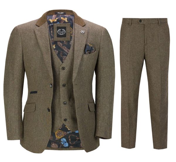 

mens 3 piece herringbone tweed suit in brown retro peaky blinders style fitted man suitsjacketpantsvest 1367783, Black;gray