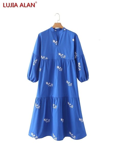 

urban dresse flower embroidery lantern sleeve blue dress summer female cascading ruffle loose midi vestidos lujia alan wd099 230719, White;black
