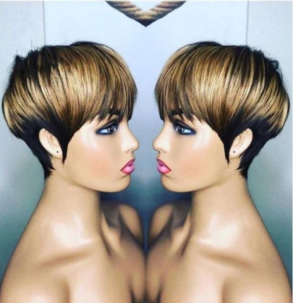 

short bob ombre blonde brazilian remy human hair wigs for black women none lace front wig with bangs4354663, Black;brown