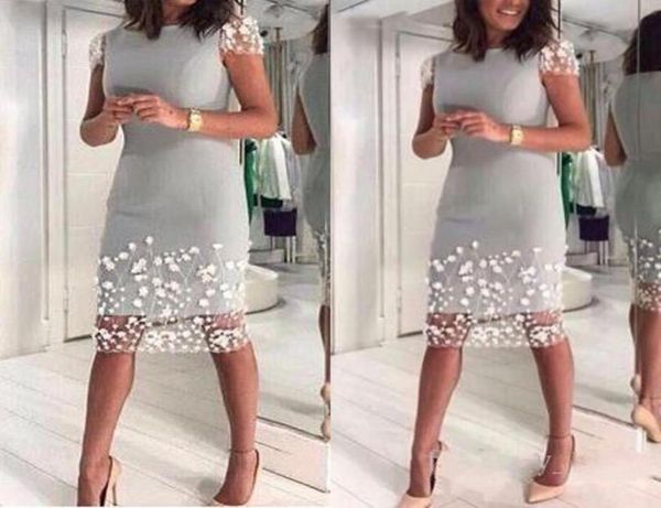 

2020 silver gray mother of the bride dresses jewel neck short sleeves white lace flowers sheath knee length party evening wedding 1452797, Black;red