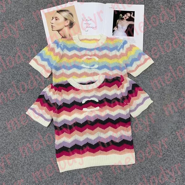 

contrast color short sleeve knits embroidery letter knitted tees fashion designer womens sweater tees, White