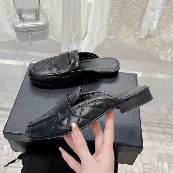 

slippers spring summer round toe office lady women's british style comfortable flat half drag one pedal all-match loafers, Black