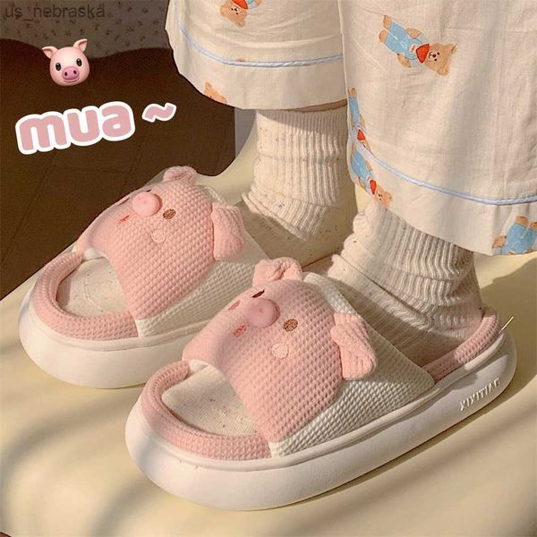 

2023 new linen slippers cute cartoon pig slippers women' indoor slippers four seasons soft thick sole summer linen slippers l230518, Black;grey