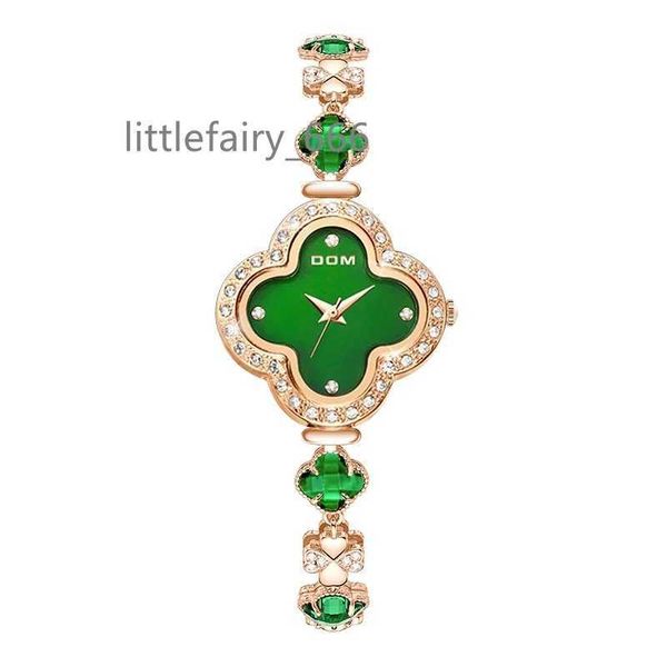 

dom retro luxury women's fashion green dial wrist watch four-leaf clover bracelet ornament simple trend waterproof watch for men, Slivery;golden