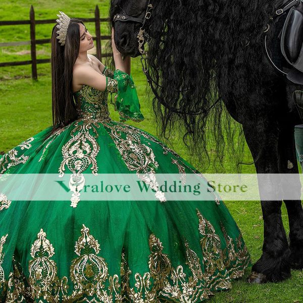 

green sparkly sequins ball gown quinceanera dresses gold appliques princess vestidos de 15 anos 16th birthday party gowns, Blue;red