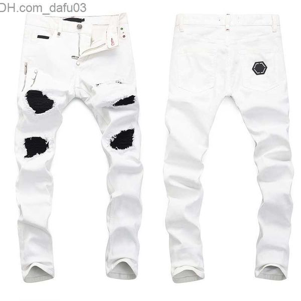 

men's jeans designer jean mens pants badge rips stretch black jeans classic hole slim fit washed motocycle autumn denim pants high stre, Blue