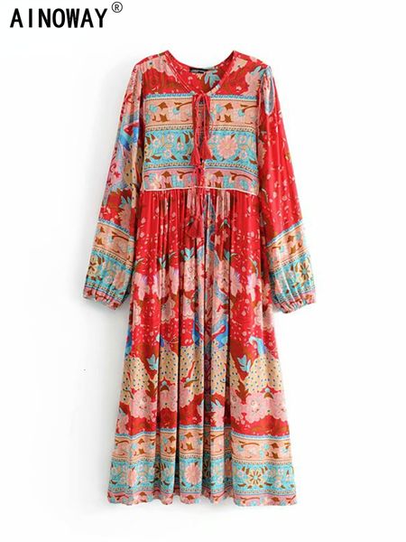 

urban dresses vintage chic fashion women long sleeve tassel red floral print beach bohemian maxi ladies cotton pleated boho dress robe 23071, White;black