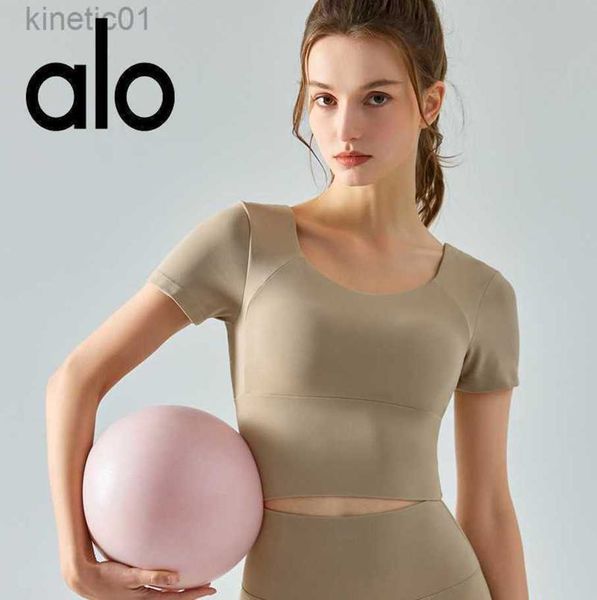 

desginer alo yoga t shirt new neck short sleeved integrated chest pad sports tight and quick drying fitness top, White