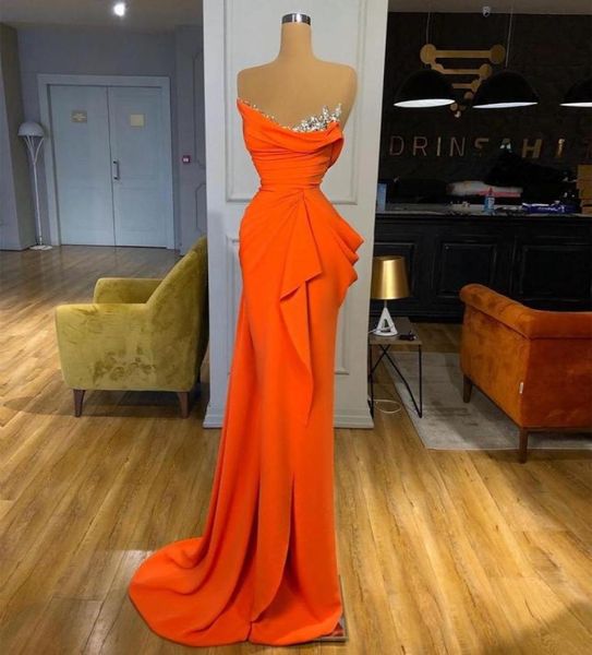 

orange satin evening dresses 2021 crystals pleated long formal prom gowns mermaid sweep train cocktail party dress4091396, Black;red