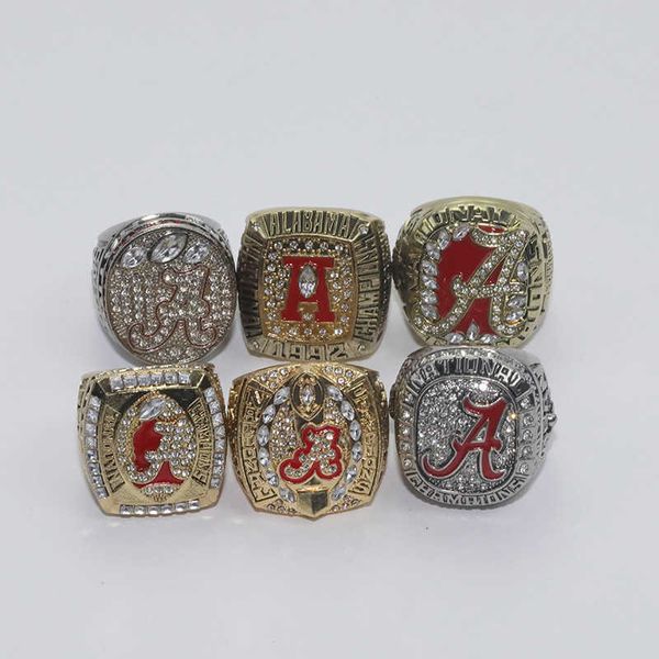 

6 ncaa university of alabama red tide university championship ring set box, Golden;silver