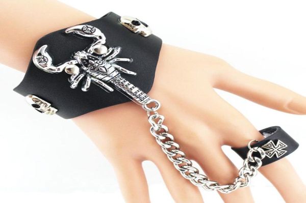 

new arrival punk scorpion skull leather wide bracelet with ring for men jewelry very cool fashion7862093, Black